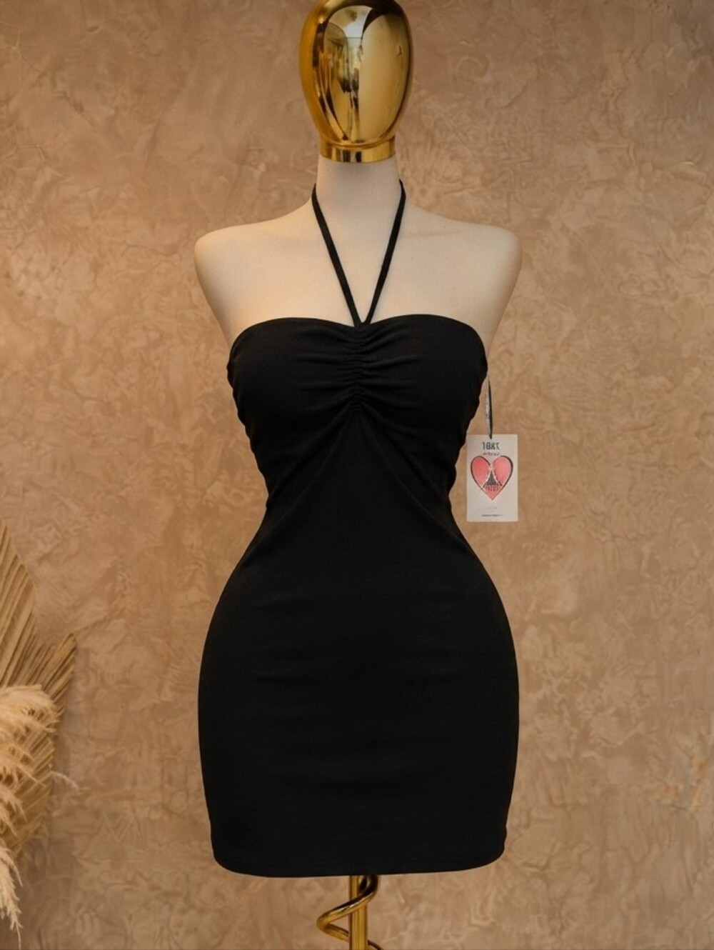 iris Black Ruched Halter Mini Dress